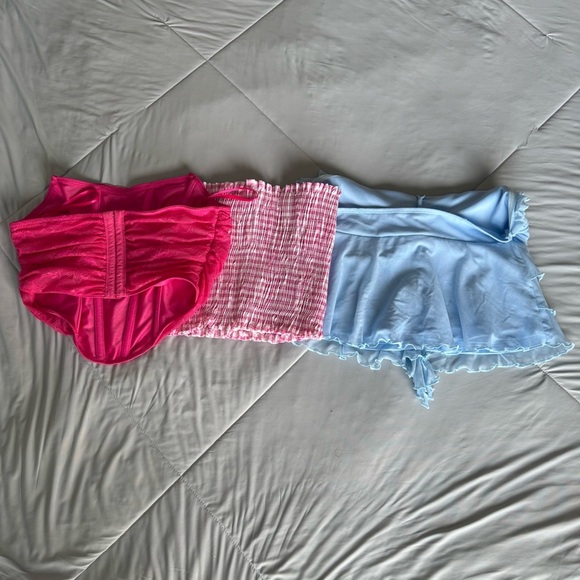 SHEIN Red, Pink, and Blue Bandeau Crop Tops Gingham Lace Ruffle Tops Bundle - Picture 9 of 12